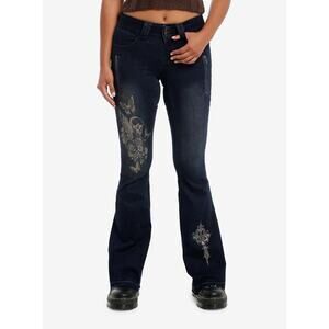 Hot Topic Butterflies & Skulls Low-Rise Girls Flare Jean, Y2K, Gothic, Size 7